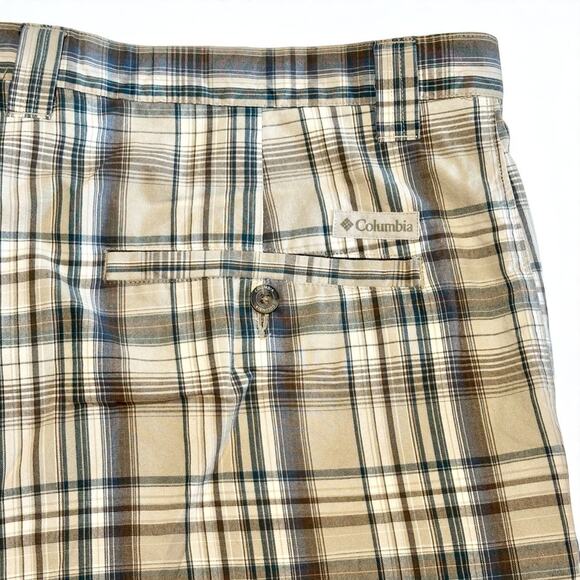 Vintage Columbia Chino Shorts Size 40 Brown Tan Blue Plaid Cotton 10" Inseam - Picture 7 of 8